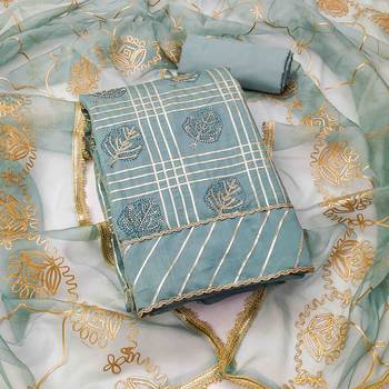 turquoise roman cotton silk handwork unstitched dress material 2