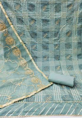 turquoise roman cotton silk handwork unstitched dress material 3