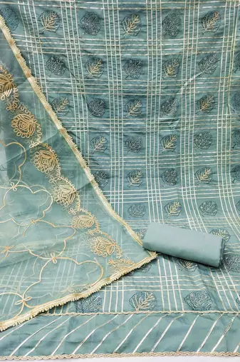 turquoise roman cotton silk handwork unstitched dress material