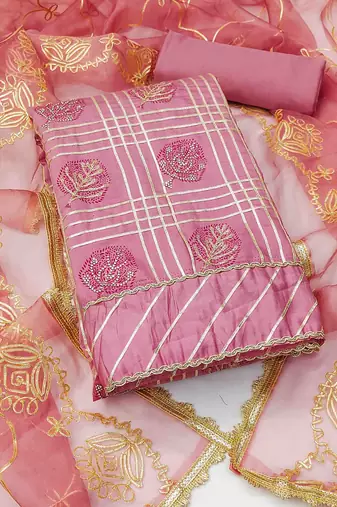 pink roman cotton silk handwork unstitched dress material