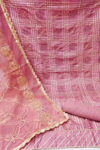 pink roman cotton silk handwork unstitched dress material