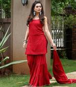 Red Embroidered Work Chikankari Sharara Suit With Dupatta Set