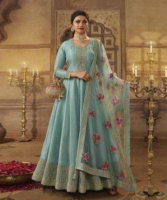 Sky Blue Dola Silk Embroidery Anarkali Semistitched Suit 1