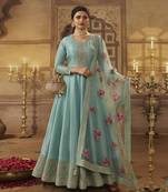 Sky Blue Dola Silk Embroidery Anarkali Semistitched Suit
