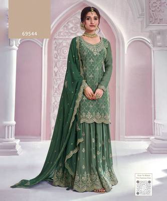 Dark green chinon sequin embroidered semi stitched salwar suit 1
