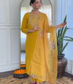 Mustard Embroidered Rayon Fabric Straight Kurta, Pant and Dupatta Set
