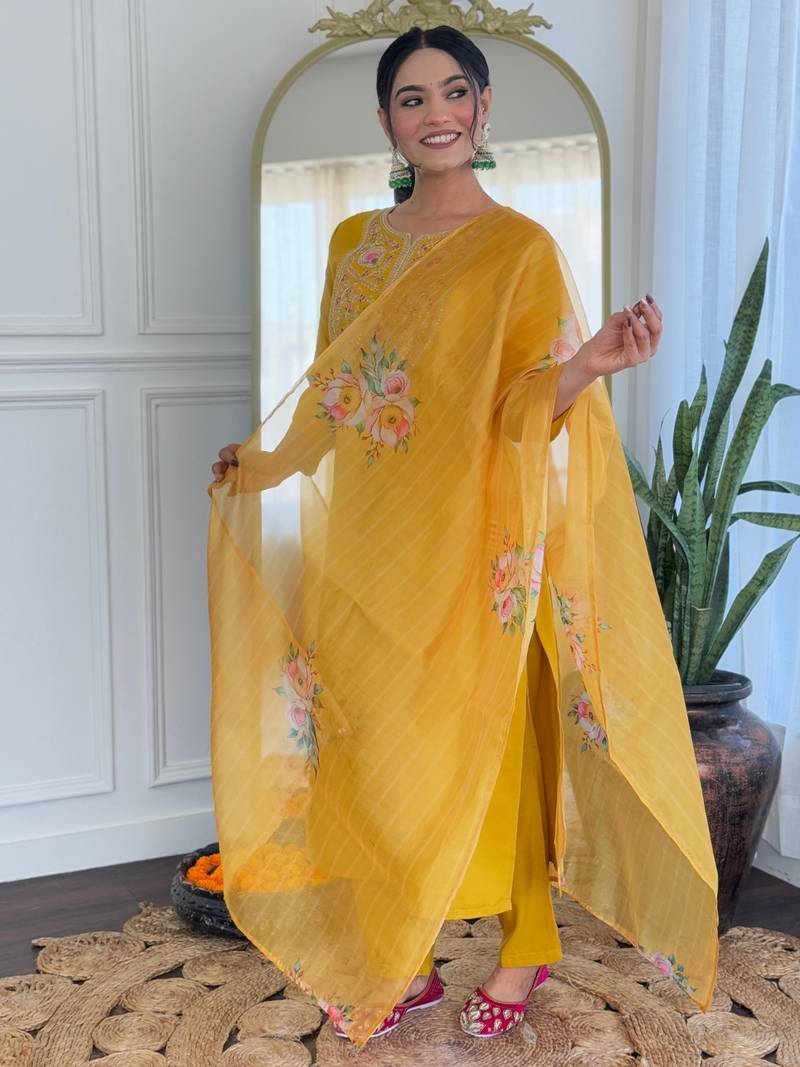 Mustard Embroidered Rayon Fabric Straight Kurta, Pant and Dupatta Set
