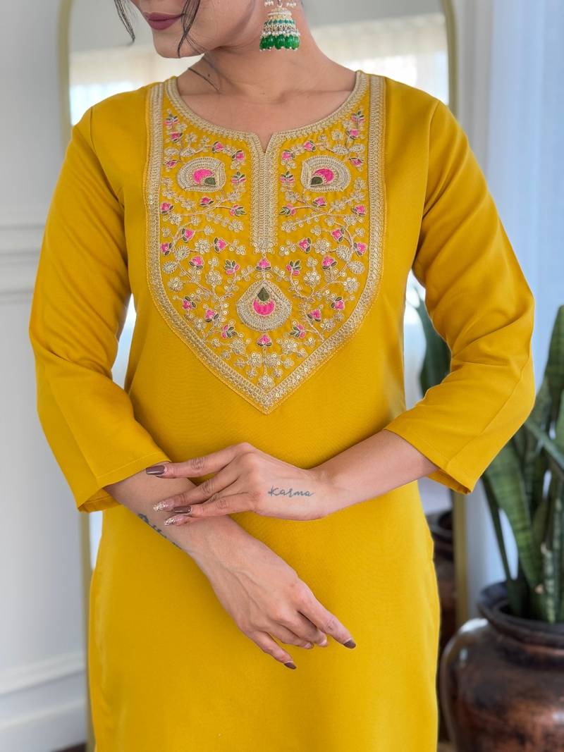Mustard Embroidered Rayon Fabric Straight Kurta, Pant and Dupatta Set