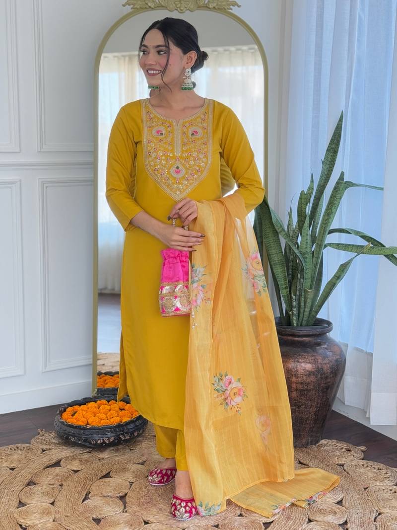 Mustard Embroidered Rayon Fabric Straight Kurta, Pant and Dupatta Set