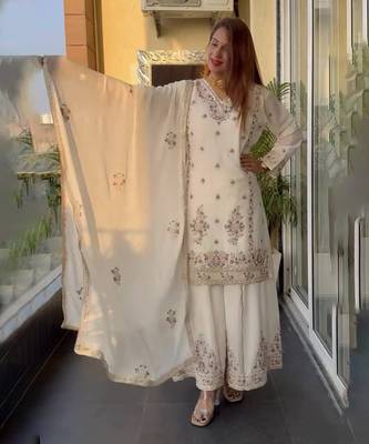 WHITE CHINON PARTY WEAR EMBROIDERY SUIT SET  1