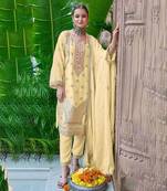Yellow chinon with embroidery codding sequence semi-stitched salwar suit
