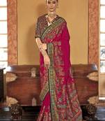 Rani pink silk blend saree with print work for ceremonial