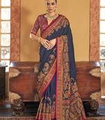 Navy blue silk blend saree with print work for ceremonial