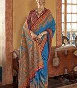 Blue silk blend saree with print work for ceremonial