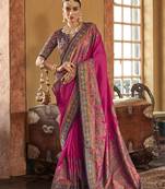 Hot pink silk blend saree with print work for ceremonial
