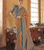 Mustard silk blend saree with print work for ceremonial