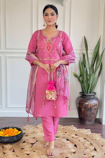 Hot pink viscose chanderi heavy thread embroidery work with printed dupatta kurta pant set