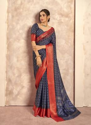 Navy blue silk blend foil print saree 1