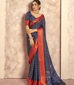 Navy blue silk blend foil print saree