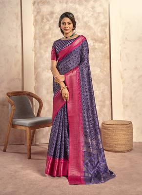 Purple silk blend foil print saree 1