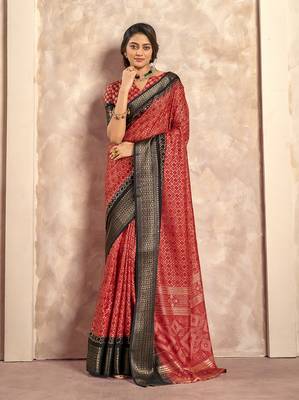 Red silk blend foil print saree 1