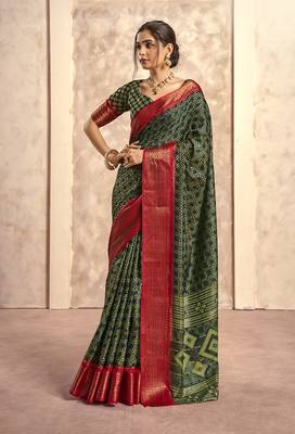 Dark green silk blend foil print  saree 1