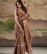Brown dola silk blend weaving traditional saree