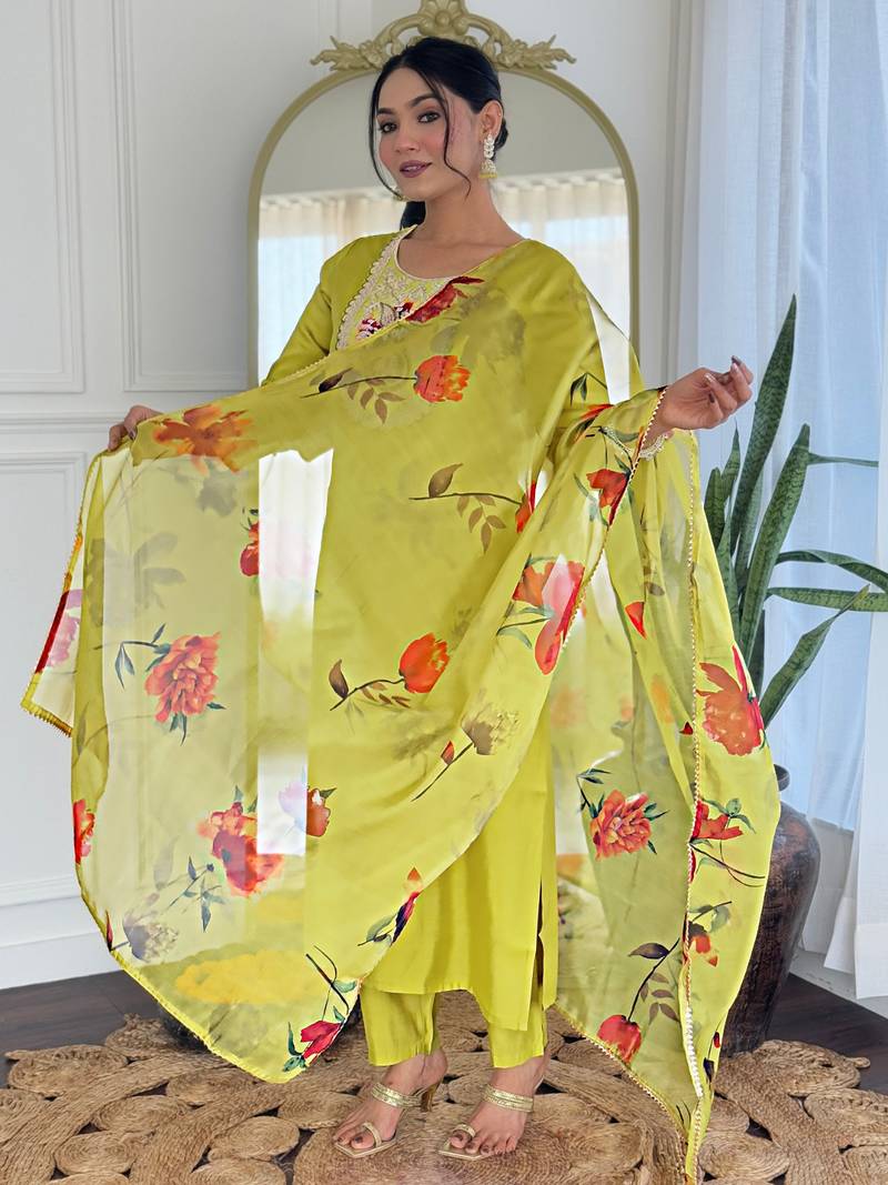 Liril Embroidered Rayon Fabric Straight Kurta, Pant and Dupatta Set