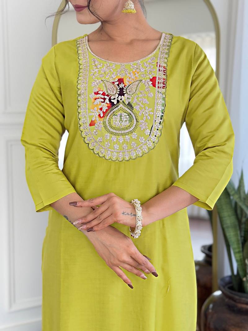 Liril Embroidered Rayon Fabric Straight Kurta, Pant and Dupatta Set