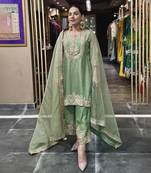 green chinon embroidery party wear suit set  