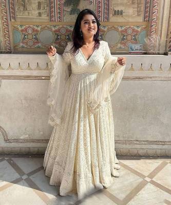Off white Luckhnowi Sequins Work PARTY WEAR SUIT SET 1