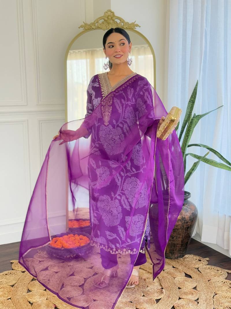 Purple Embroidered Rayon Fabric Straight Kurta, Pant and Dupatta Set