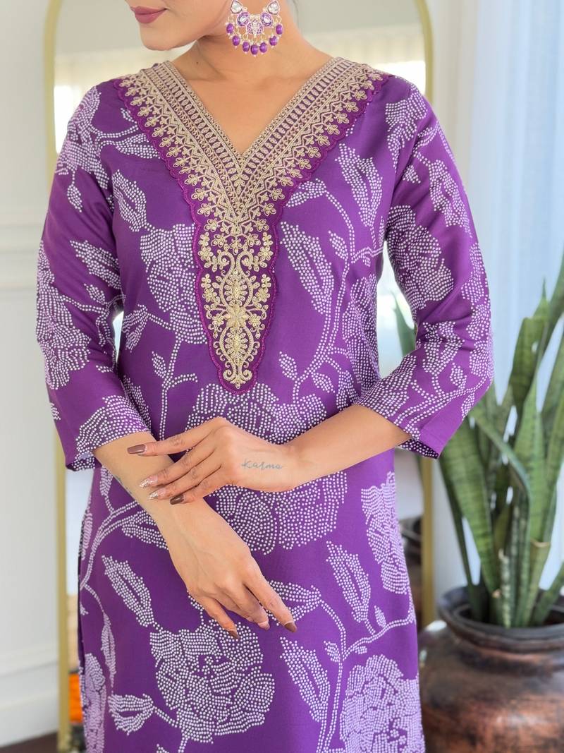 Purple Embroidered Rayon Fabric Straight Kurta, Pant and Dupatta Set