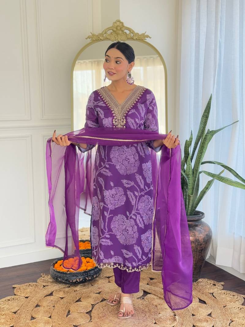 Purple Embroidered Rayon Fabric Straight Kurta, Pant and Dupatta Set