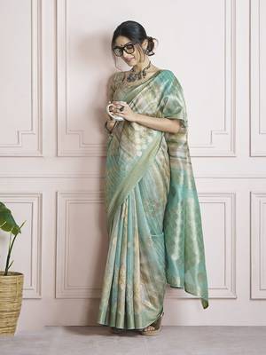 Digital print handloom silk blend turquoise saree 1