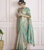 Digital print handloom silk blend turquoise saree