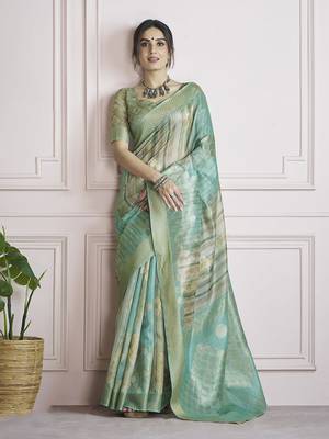 Digital print handloom silk blend turquoise saree 4