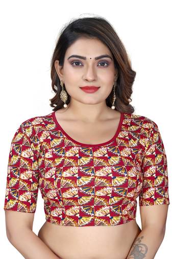 Maroon Cotton Lycra Fully Stretchable Round Neck Digital Printed Readymade Blouse