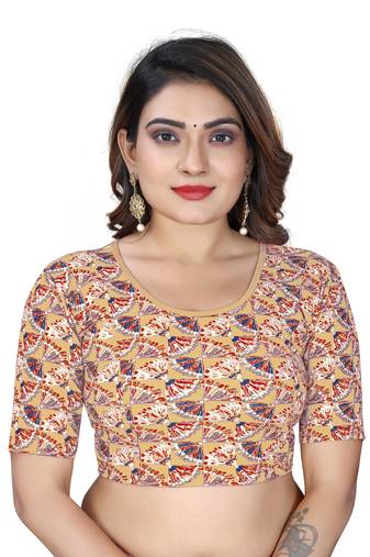 Cream Cotton Lycra Fully Stretchable Round Neck Digital Printed Readymade Blouse
