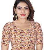 Cream Cotton Lycra Fully Stretchable Round Neck Digital Printed Readymade Blouse