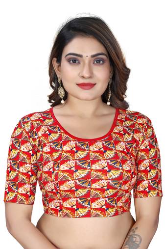Red Cotton Lycra Fully Stretchable Round Neck Digital Printed Readymade Blouse
