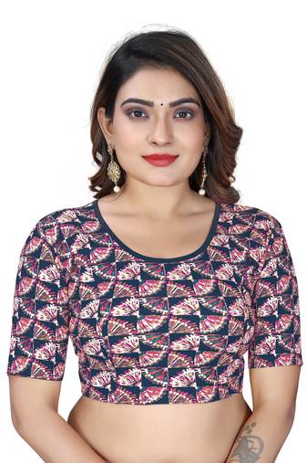 Blue Cotton Lycra Fully Stretchable Round Neck Digital Printed Readymade Blouse