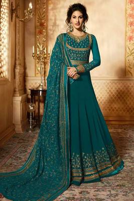 Turquoise zari embroidery and diamond georgette anarkali churidar-full stitched 1