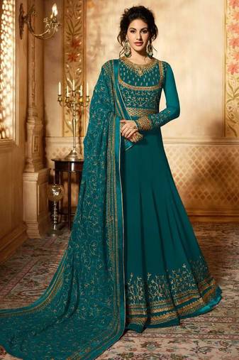 Turquoise zari embroidery and diamond georgette anarkali churidar-full stitched