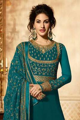Turquoise zari embroidery and diamond georgette anarkali churidar-full stitched 2