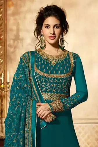 Turquoise zari embroidery and diamond georgette anarkali churidar-full stitched