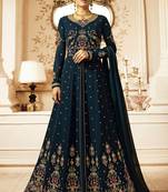 Teal blue zari embroidery and diamond georgette anarkali churidar-full stitched
