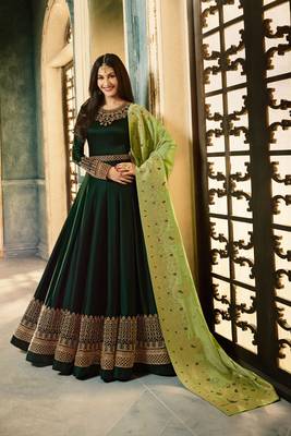 Green zari embroidery and diamond satin georgette anarkali churidar-full stitched 1