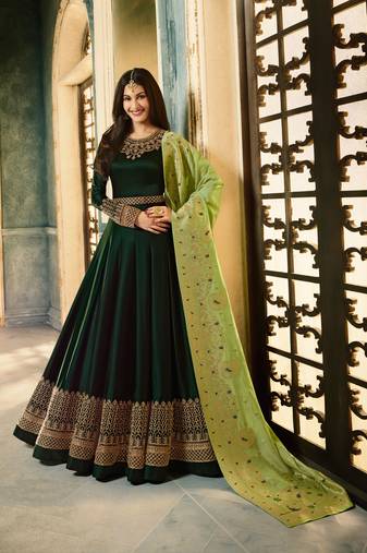 Green zari embroidery and diamond satin georgette anarkali churidar-full stitched