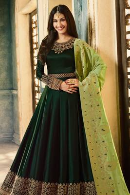 Green zari embroidery and diamond satin georgette anarkali churidar-full stitched 2
